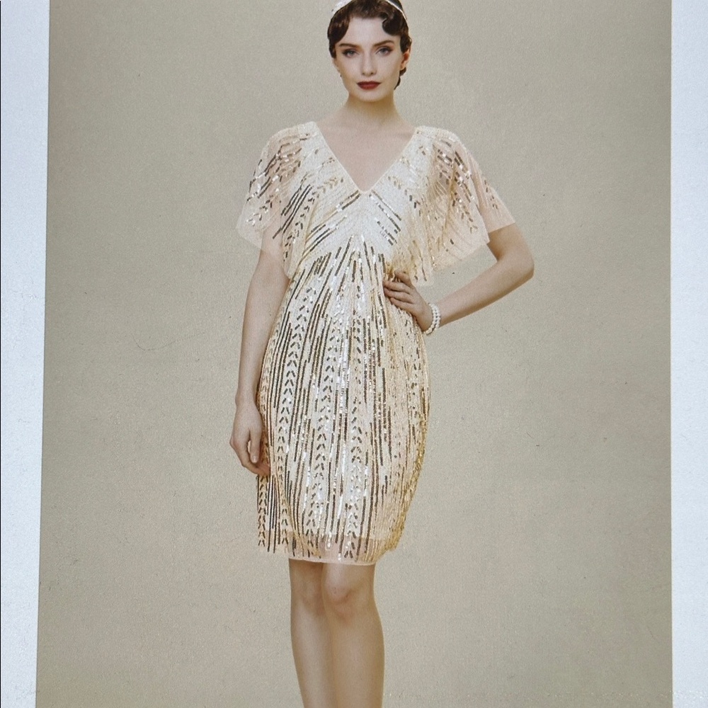 Women’s Elegant Cream and Gold Sequin Dress size L